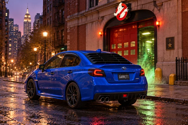 Garrett’s blue 2016 Subaru WRX. A Ghostbusters-inspired night outside the red-doored firehouse, with green mist spilling into the street.