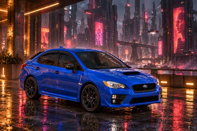 Garrett’s blue 2016 Subaru WRX. A Blade Runner-inspired city of monumental towers, flying traffic, and reflected neon.