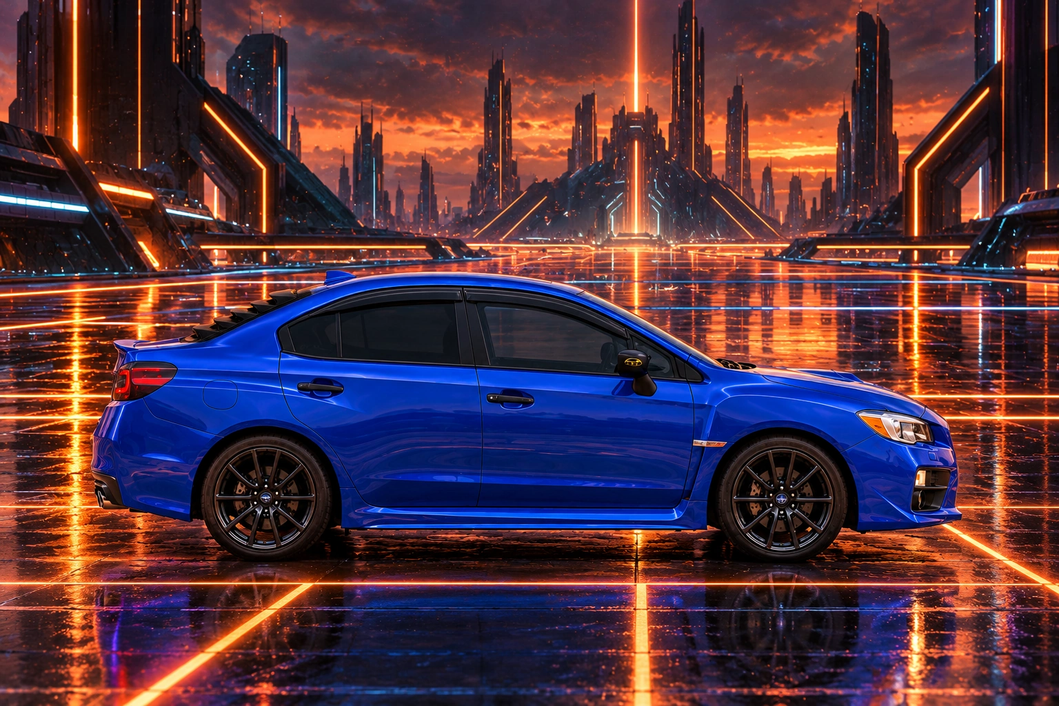 Garrett’s blue 2016 Subaru WRX. A TRON-inspired orange light grid stretches through a dark futuristic city.