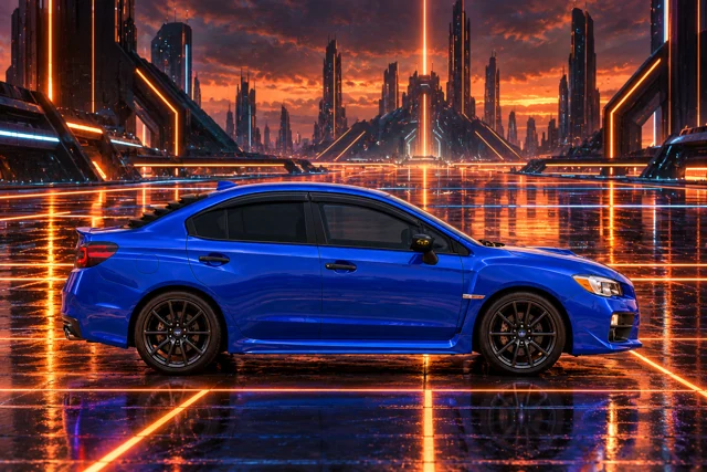 Garrett’s blue 2016 Subaru WRX. A TRON-inspired orange light grid stretches through a dark futuristic city.