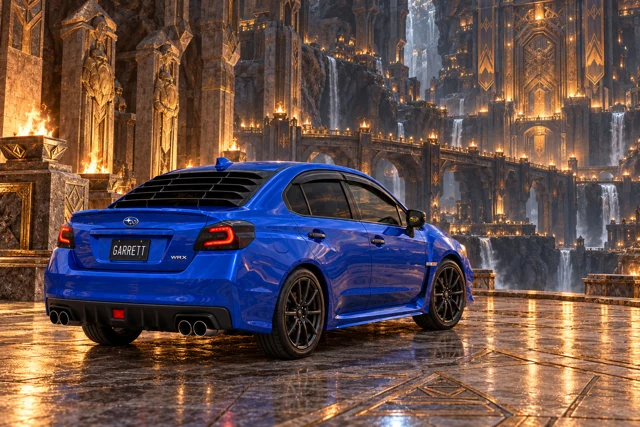 Garrett’s blue 2016 Subaru WRX. A Tolkien-inspired dwarven road descends into a monumental hall of carved stone, firelight, and waterfalls.