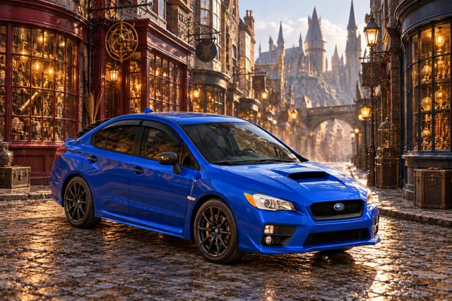 Garrett’s blue 2016 Subaru WRX. A Harry Potter-inspired visit to a magical shopping lane filled with crooked storefronts and warm lanterns.