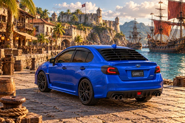 Garrett’s blue 2016 Subaru WRX. A Pirates of the Caribbean-inspired harbour with tall ships, coastal fortifications, and sunlit cobbles.