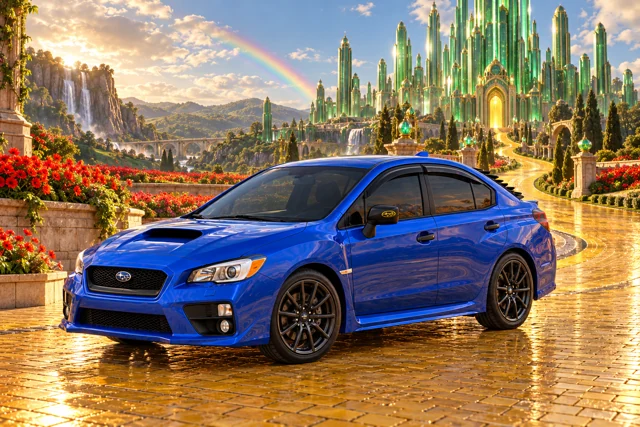 Garrett’s blue 2016 Subaru WRX. A Wizard of Oz-inspired arrival beside the yellow brick road and towering Emerald City.