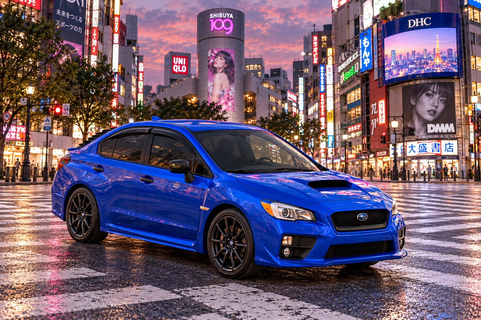 Garrett’s blue 2016 Subaru WRX. An imagined automotive photoshoot at Shibuya Crossing in Tokyo, Japan, with city lights reflected across the scramble crossing.