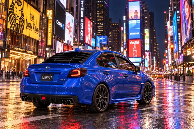 Garrett’s blue 2016 Subaru WRX. An imagined midnight photoshoot at Broadway and Seventh Avenue in Times Square, New York City, USA.