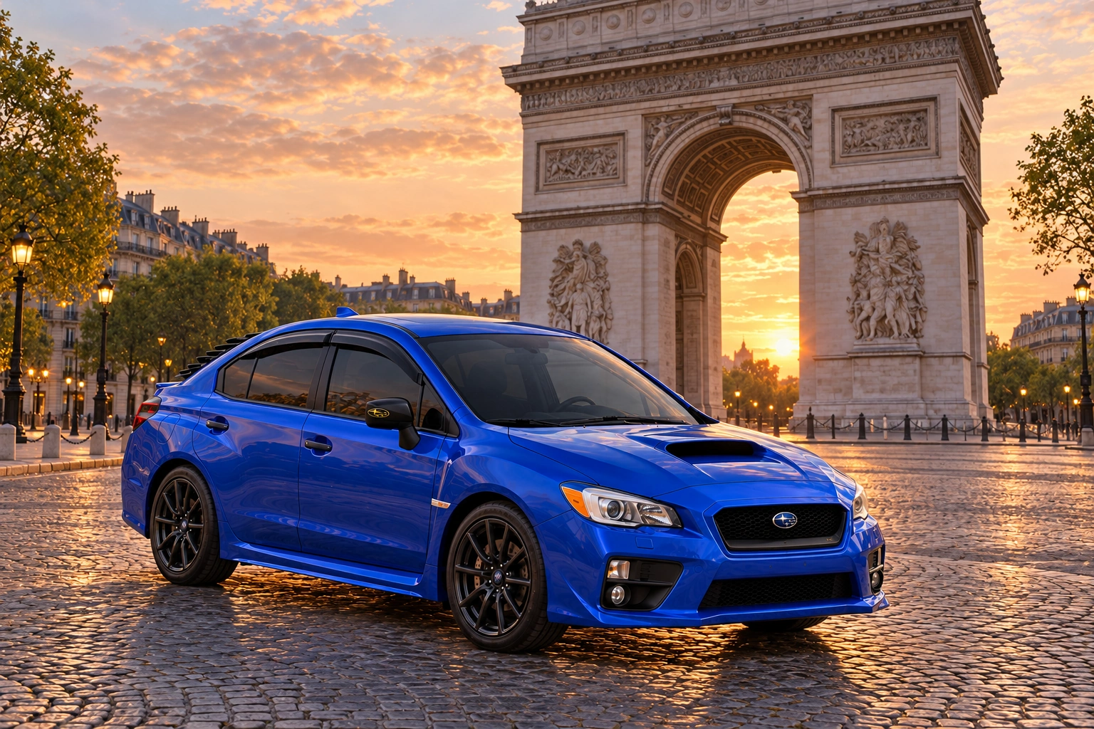 Garrett’s blue 2016 Subaru WRX. An imagined photoshoot at the Place Charles de Gaulle roundabout in Paris, France, beneath the Arc de Triomphe.