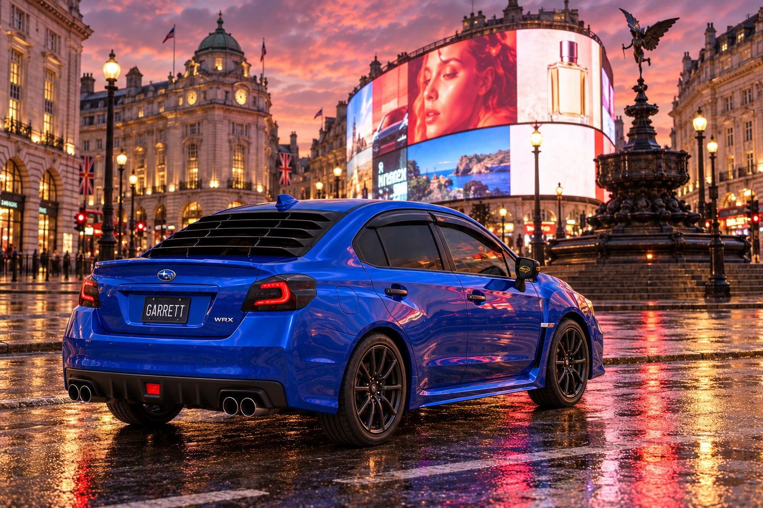 Garrett’s blue 2016 Subaru WRX. An imagined photoshoot at Piccadilly Circus in London, England, with the curved billboard and fountain reflected on wet paving.