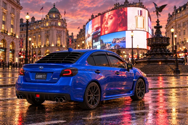 Garrett’s blue 2016 Subaru WRX. An imagined photoshoot at Piccadilly Circus in London, England, with the curved billboard and fountain reflected on wet paving.