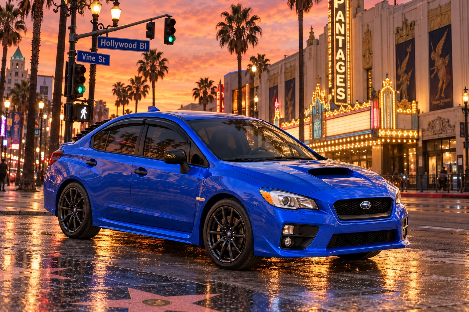 Garrett’s blue 2016 Subaru WRX. An imagined photoshoot at Hollywood Boulevard and Vine Street in Los Angeles, USA, with the Pantages Theatre glowing at sunset.