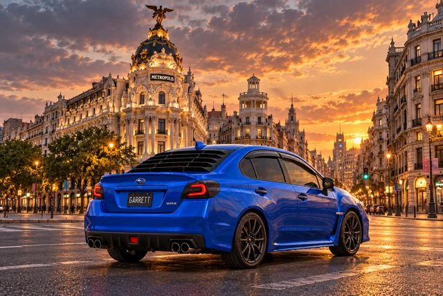 Garrett’s blue 2016 Subaru WRX. An imagined photoshoot at Gran Vía and Calle de Alcalá in Madrid, Spain, framed by the Metrópolis building.