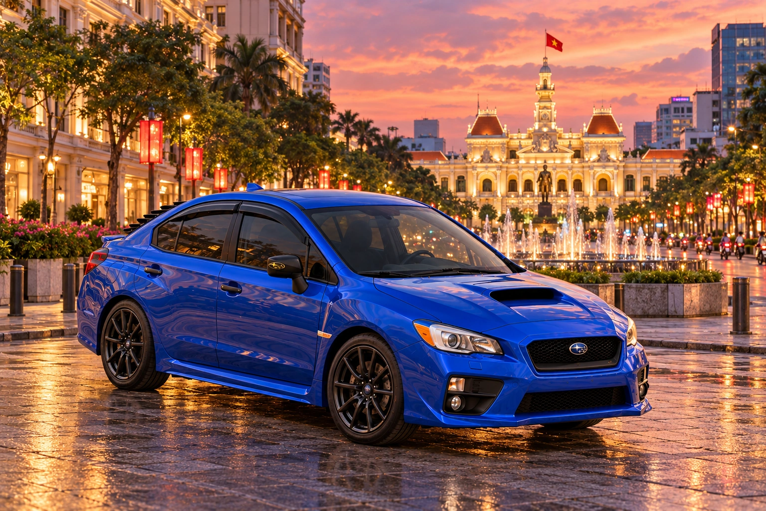 Garrett’s blue 2016 Subaru WRX. An imagined photoshoot near Nguyễn Huệ and Lê Lợi in Ho Chi Minh City, Vietnam, looking toward the illuminated City Hall.
