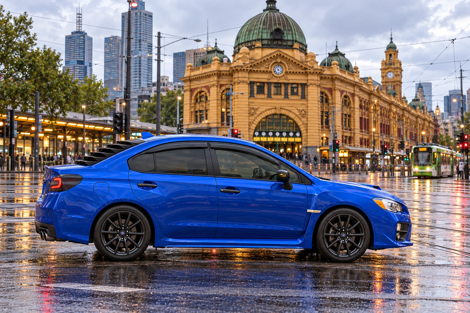 Garrett’s blue 2016 Subaru WRX. An imagined photoshoot at Flinders Street and Swanston Street in Melbourne, Australia, beside Flinders Street Station.