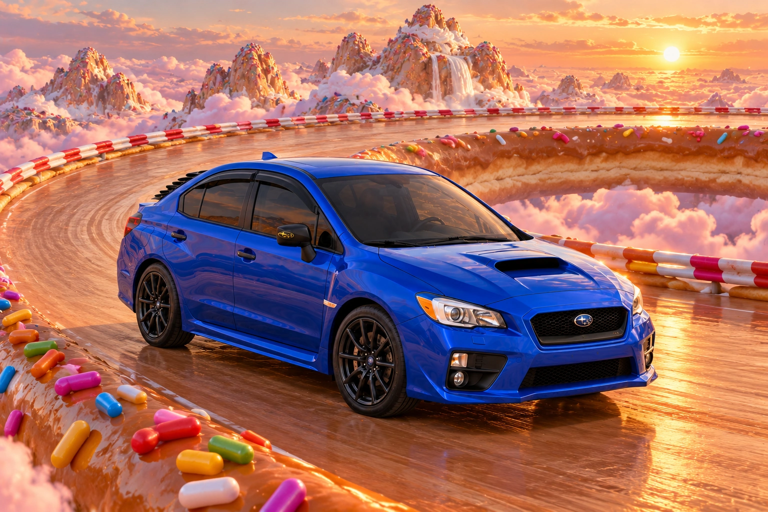 Garrett’s blue 2016 Subaru WRX. A giant doughnut resort turns icing, sprinkles, and pastry curves into an improbable driving holiday.