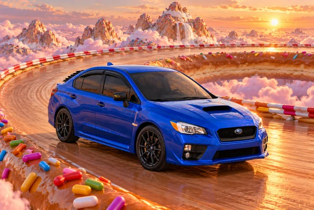 Garrett’s blue 2016 Subaru WRX. A giant doughnut resort turns icing, sprinkles, and pastry curves into an improbable driving holiday.
