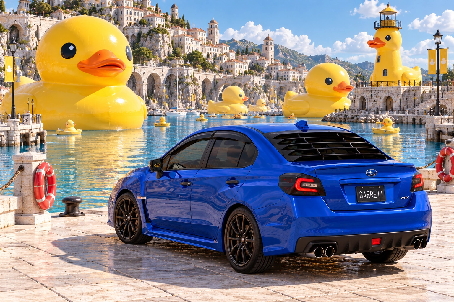 Garrett’s blue 2016 Subaru WRX. Enormous rubber ducks drift through a bright fantasy marina.