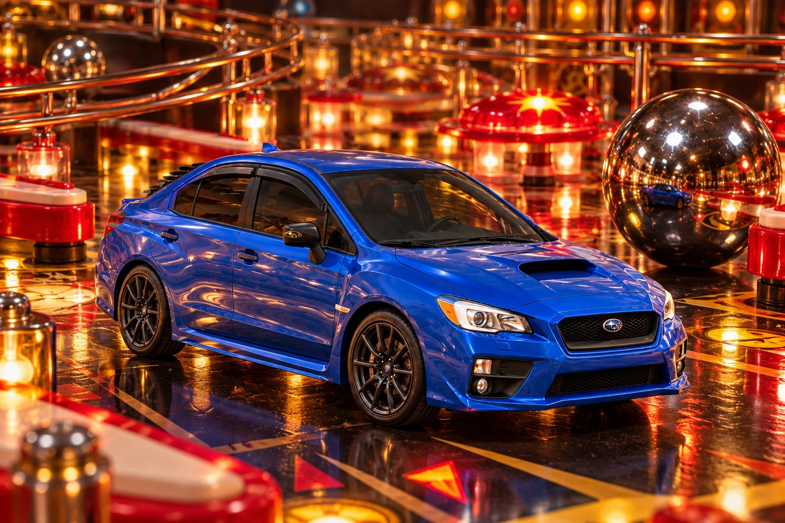 Garrett’s blue 2016 Subaru WRX. The WRX visits a giant pinball machine, surrounded by polished metal balls and oversized arcade architecture.