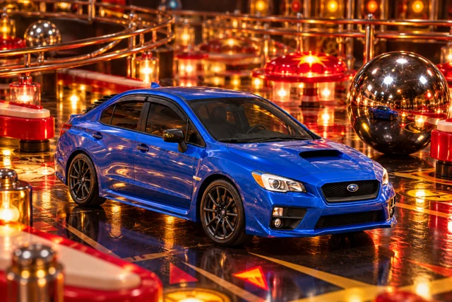 Garrett’s blue 2016 Subaru WRX. The WRX visits a giant pinball machine, surrounded by polished metal balls and oversized arcade architecture.