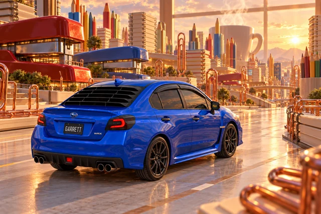Garrett’s blue 2016 Subaru WRX. Staplers become buildings, paperclips become bridges, and a coffee cup towers over an entire desk-world city.