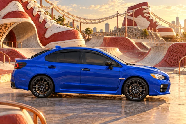 Garrett’s blue 2016 Subaru WRX. Giant sneakers and shoelace bridges frame an extravagant skatepark.