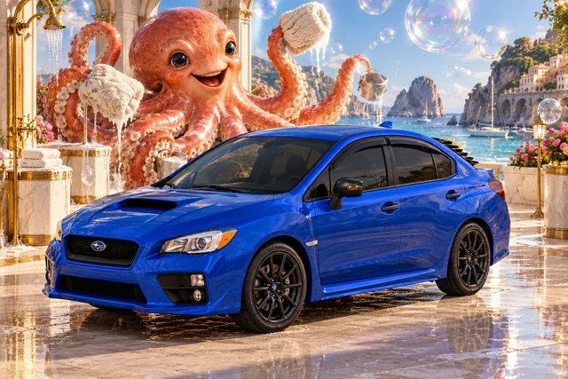 Garrett’s blue 2016 Subaru WRX. A cheerful giant octopus runs a marble-and-gold seaside car wash with eight arms of detailing enthusiasm.