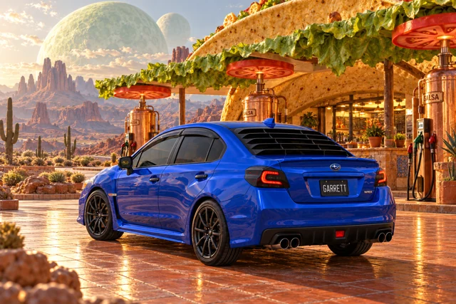 Garrett’s blue 2016 Subaru WRX. A giant taco-shaped service station offers salsa pumps beneath an alien sky.