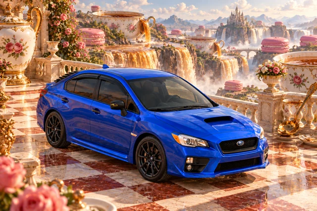 Garrett’s blue 2016 Subaru WRX. Giant porcelain teacups spill tea waterfalls among rose gardens and enormous macarons.