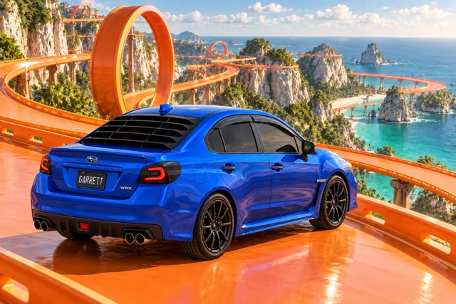 Garrett’s blue 2016 Subaru WRX. A life-size orange toy track loops across cliffs and tropical islands.