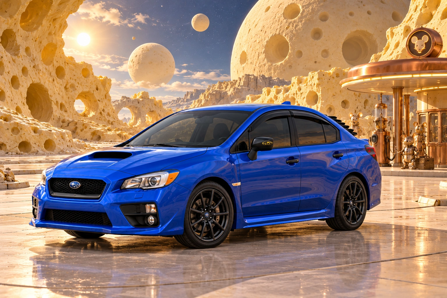 Garrett’s blue 2016 Subaru WRX. A cheese-moon service stop sits among Swiss-cheese cliffs and distant cheese planets.