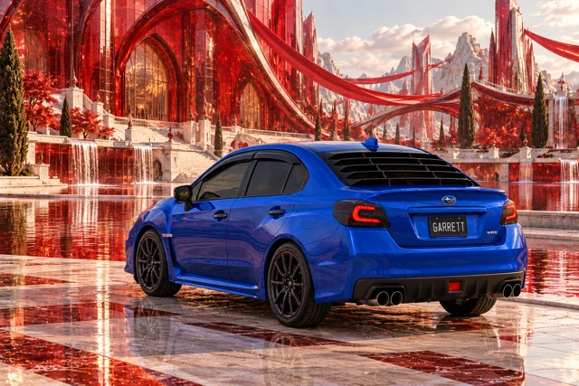 Garrett’s blue 2016 Subaru WRX. Scarlet glass architecture and crimson pools introduce the rainbow series while the WRX keeps its blue paint.