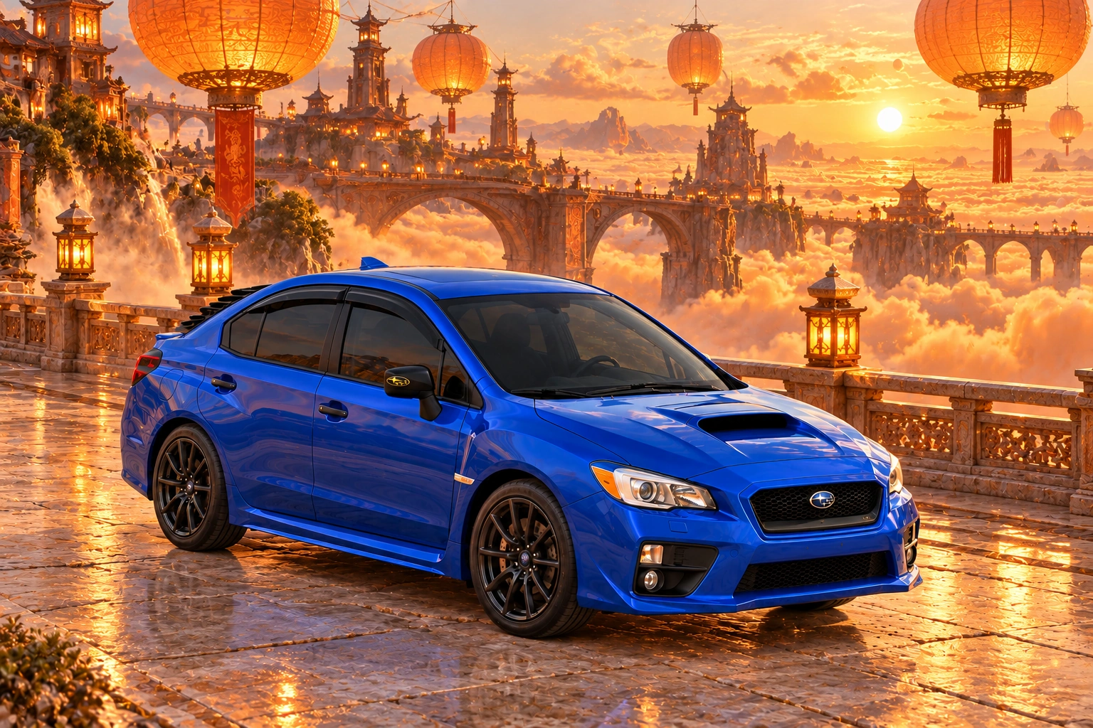 Garrett’s blue 2016 Subaru WRX. Orange lanterns, terracotta bridges, and an apricot cloud sea surround the blue WRX.