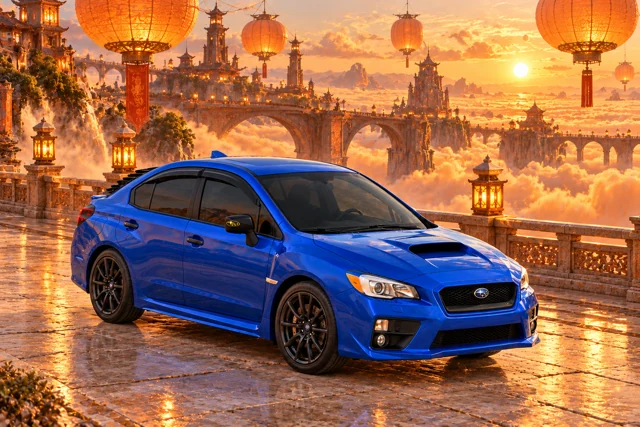 Garrett’s blue 2016 Subaru WRX. Orange lanterns, terracotta bridges, and an apricot cloud sea surround the blue WRX.