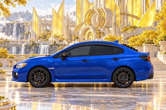 Garrett’s blue 2016 Subaru WRX. A lemon-yellow solar palace, golden turbine rings, and flowering trees frame the blue WRX.