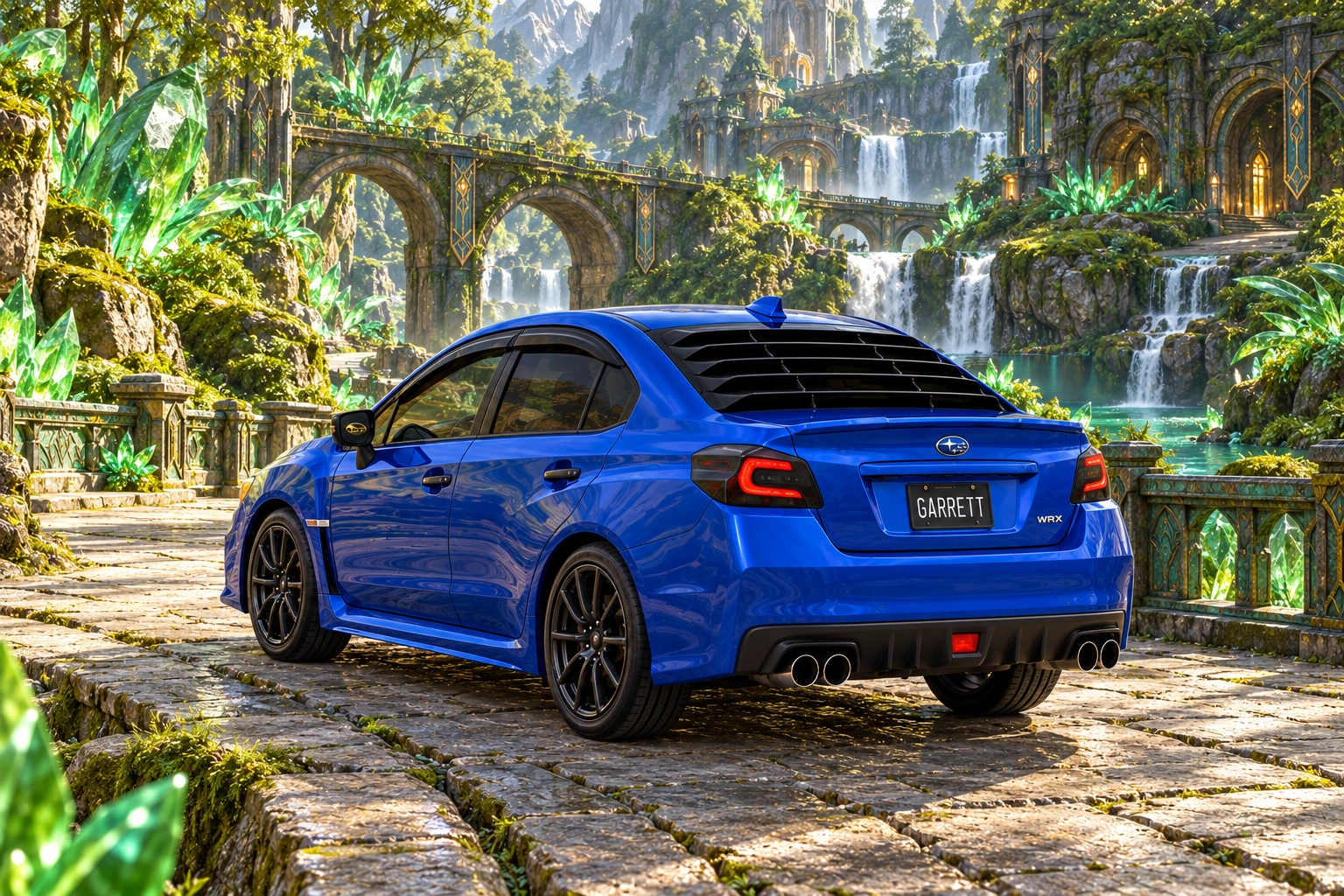 Garrett’s blue 2016 Subaru WRX. Emerald crystal ferns and moss-covered dwarven arches surround jade pools and a dry stone road.