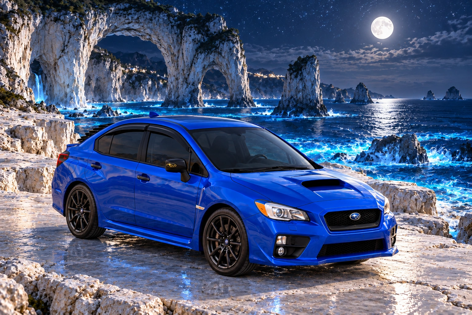 Garrett’s blue 2016 Subaru WRX. Electric-blue bioluminescent water glows beneath moonlit white cliffs and coastal arches.