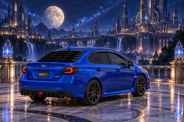 Garrett’s blue 2016 Subaru WRX. Indigo astronomical towers and copper-silver orreries rise beneath an immense ivory moon.