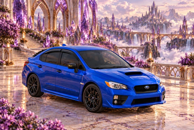 Garrett’s blue 2016 Subaru WRX. Violet amethyst cathedral arches and lavender gardens overlook a cloud-filled landscape.