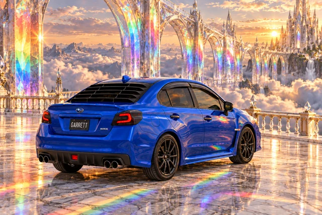 Garrett’s blue 2016 Subaru WRX. A transparent prism bridge scatters the whole rainbow across white marble above the clouds.