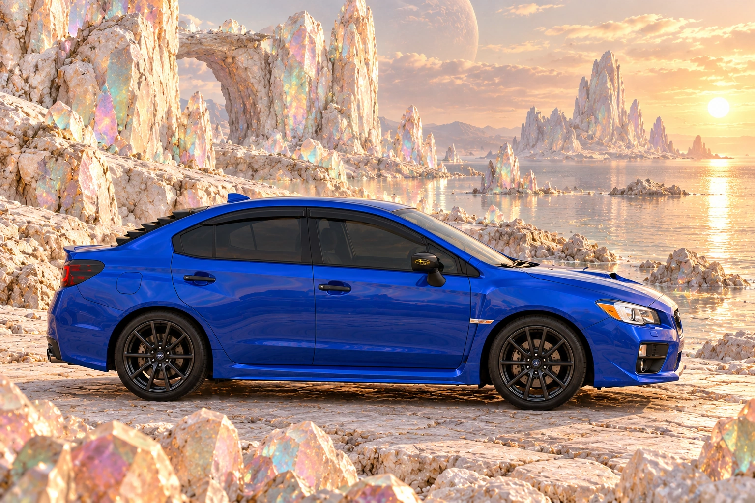 Garrett’s blue 2016 Subaru WRX. Pearl-white opal formations scatter pink, mint, gold, and violet reflections beside a silver sea.