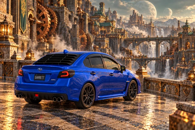 Garrett’s blue 2016 Subaru WRX. Garrett’s homecoming in Garlicia: a monumental causeway approaches copper gears, verdigris towers, and giant dwarven architecture.