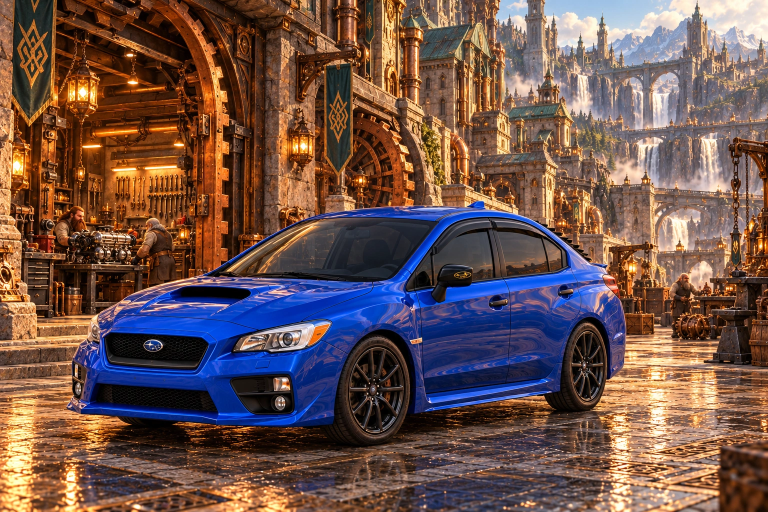 Garrett’s blue 2016 Subaru WRX. Apprentices’ Lane in Garlicia, where Garrett learned his mechanical craft among the grumbling Garlickin engineers.