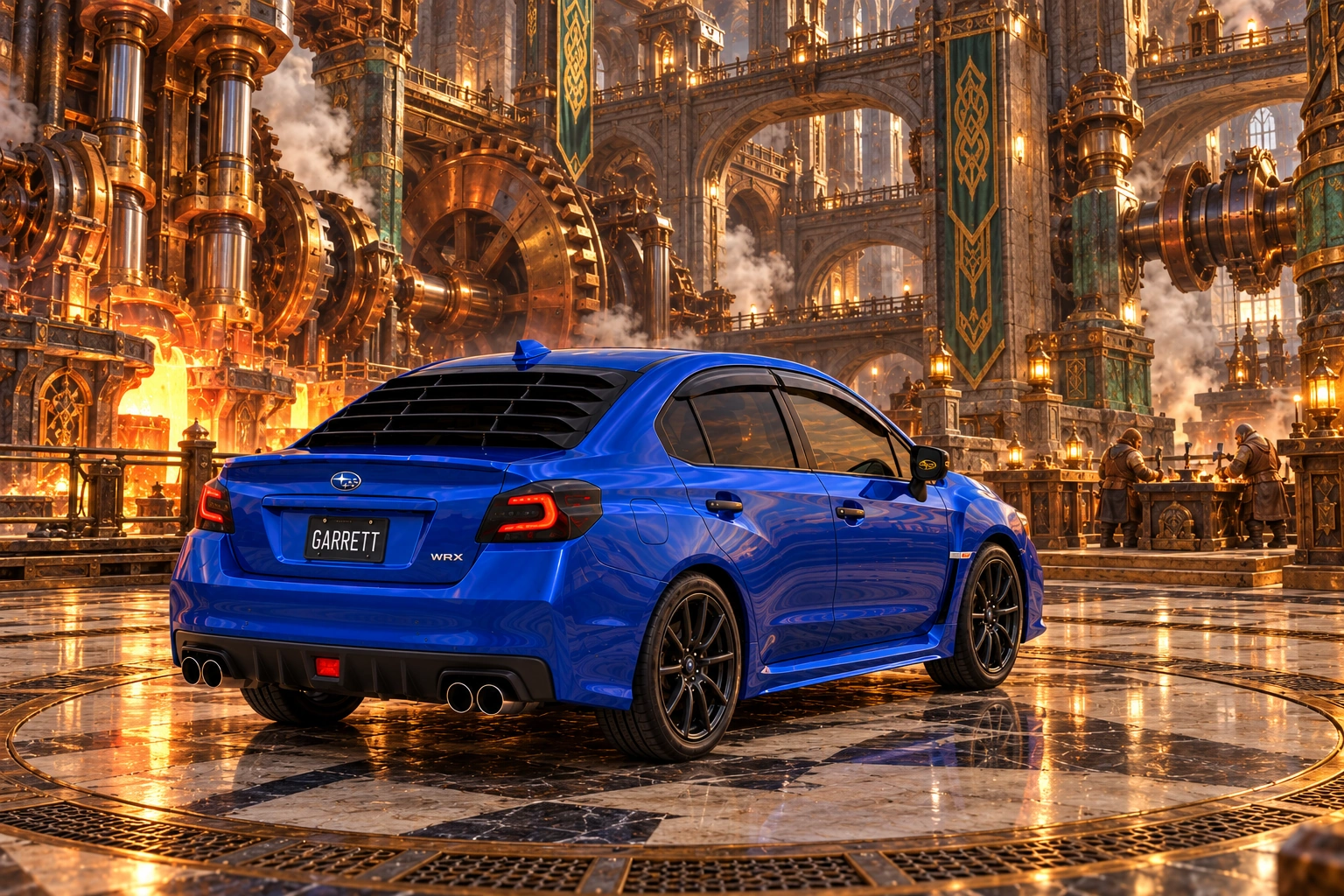 Garrett’s blue 2016 Subaru WRX. The Boxer Forge in Garlicia surrounds the WRX with towering copper machinery and dwarven engine-building workshops.