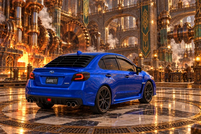 Garrett’s blue 2016 Subaru WRX. The Boxer Forge in Garlicia surrounds the WRX with towering copper machinery and dwarven engine-building workshops.