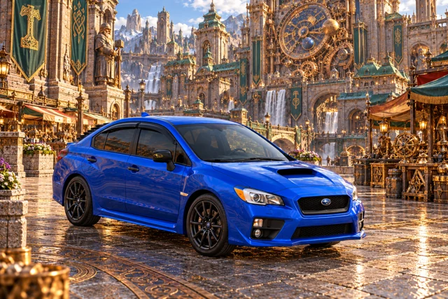 Garrett’s blue 2016 Subaru WRX. Garlicia’s Copper Market fills a grand square with astronomical machinery, engineering stalls, and verdigris roofs.