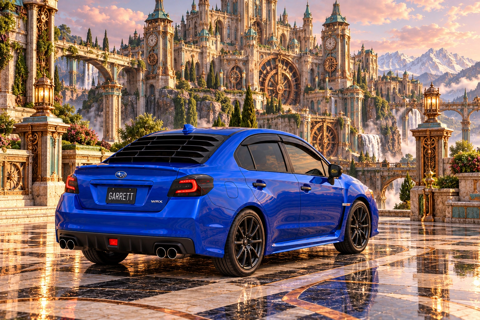 Garrett’s blue 2016 Subaru WRX. The WRX arrives at Château Verdigris beneath colossal copper clockwork towers and mountain waterfalls.