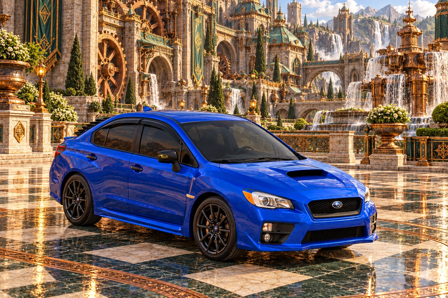 Garrett’s blue 2016 Subaru WRX. A quiet stop in Château Verdigris’s courtyard, with copper fountains and polished green-and-ivory marble.