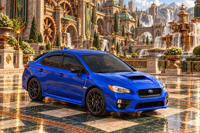 Garrett’s blue 2016 Subaru WRX. A quiet stop in Château Verdigris’s courtyard, with copper fountains and polished green-and-ivory marble.