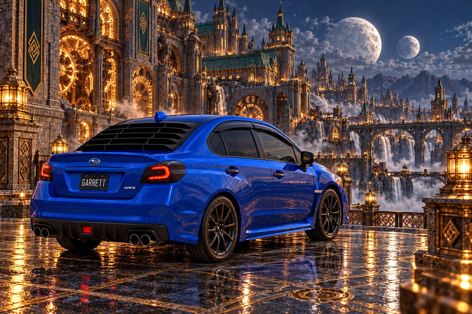 Garrett’s blue 2016 Subaru WRX. Château Verdigris’s moonlit terrace overlooks glowing copper gears, distant bridges, and twin moons.