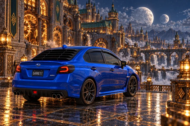 Garrett’s blue 2016 Subaru WRX. Château Verdigris’s moonlit terrace overlooks glowing copper gears, distant bridges, and twin moons.