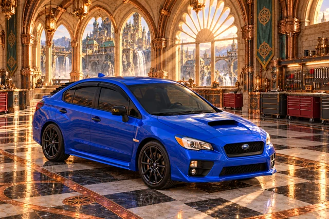 Garrett’s blue 2016 Subaru WRX. Garrett’s reserved sandcastle garage bay features shell-shaped windows, red toolboxes, and checkerboard marble with copper inlays.